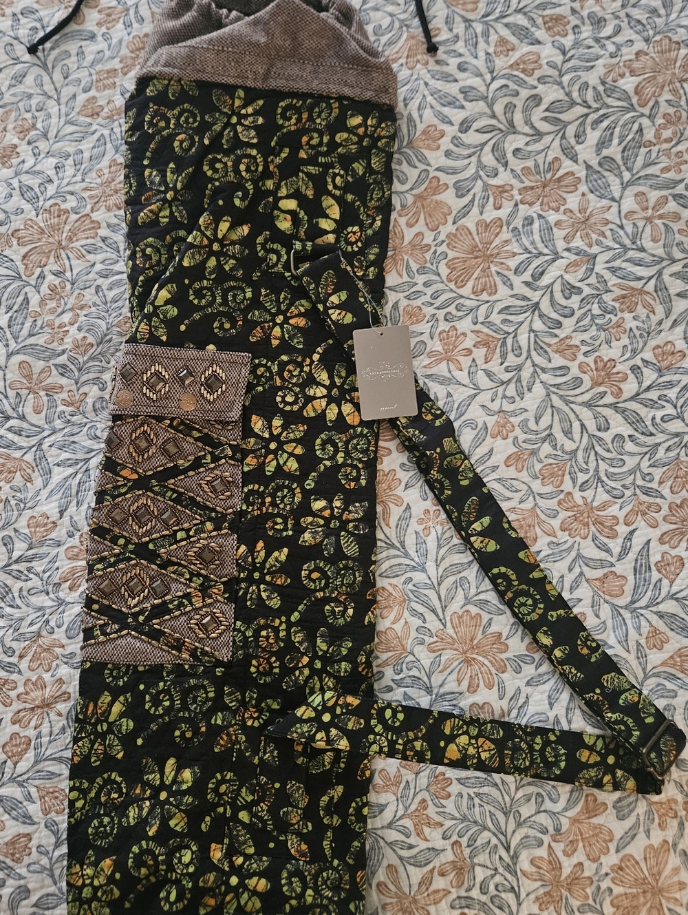 Boho Black & Green Patterned Crossbody Sling Yoga Mat Bag